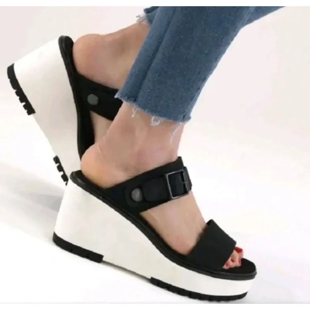 TIMBERLAND Women Platform Koralyn Buckle Wedge Leather Sandals Sz‎ 8 Black s-22